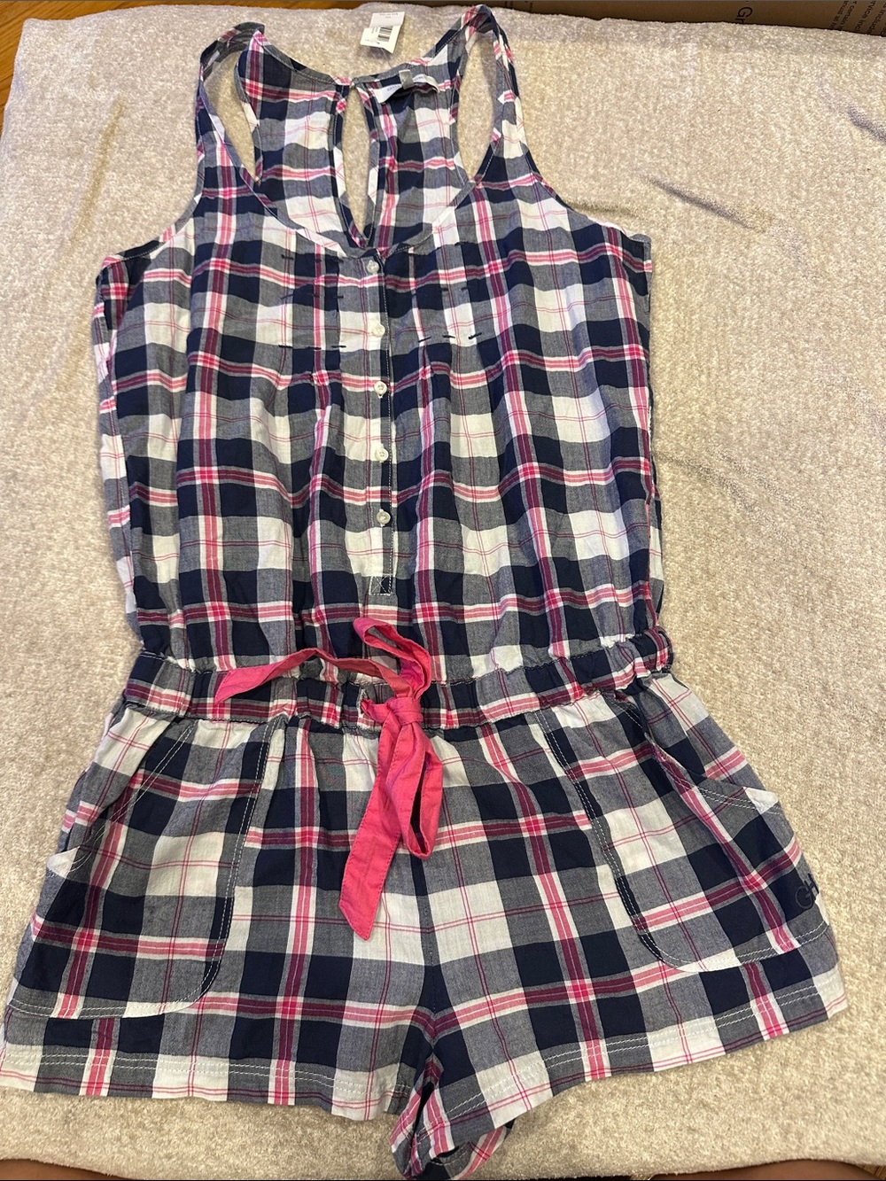 Gilly Hicks Navy, White & Pink Plaid Girls Romper with Pink Tie
